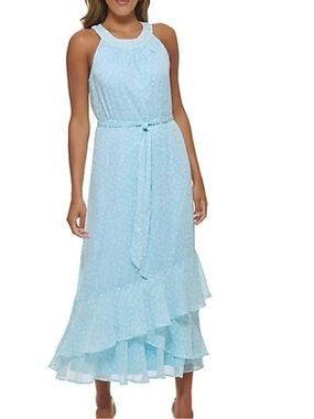 Calvin Klein Aqua halter sleeveless maxi dress w/cream polka dots & belt Size 8